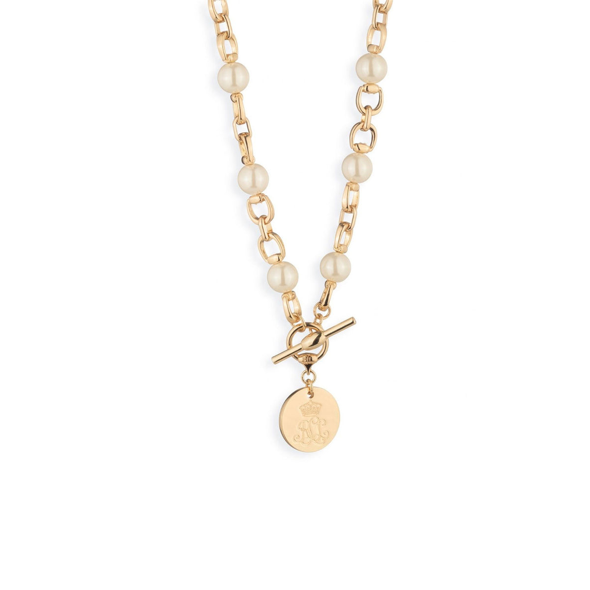 Ralph Lauren Faux Pearl & Logo Coin Necklace, Gold