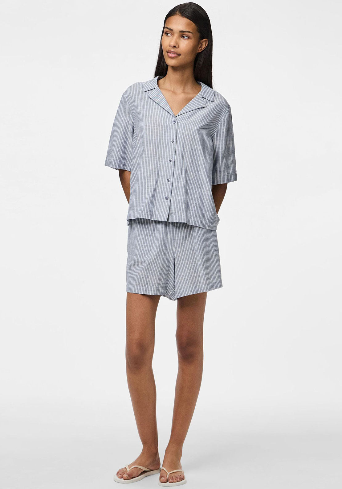 Pieces Apia Striped Linen Blend Shorts, Coronet Blue