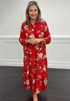Serafina Button Up Floral Layered Dress, Red Multi