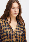 Ichi Leonie Houndstooth Satin Feel Blouse, Brown