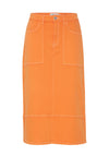Ichi Cenny Contrast Stitched Midi Denim Skirt, Persimmon Orange