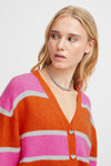 Ichi Motif Heart Button Striped Cardigan, Persimmon Orange