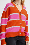 Ichi Motif Heart Button Striped Cardigan, Persimmon Orange