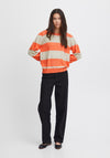 Ichi Dusty Block Stripe Sweater, Hot Coral