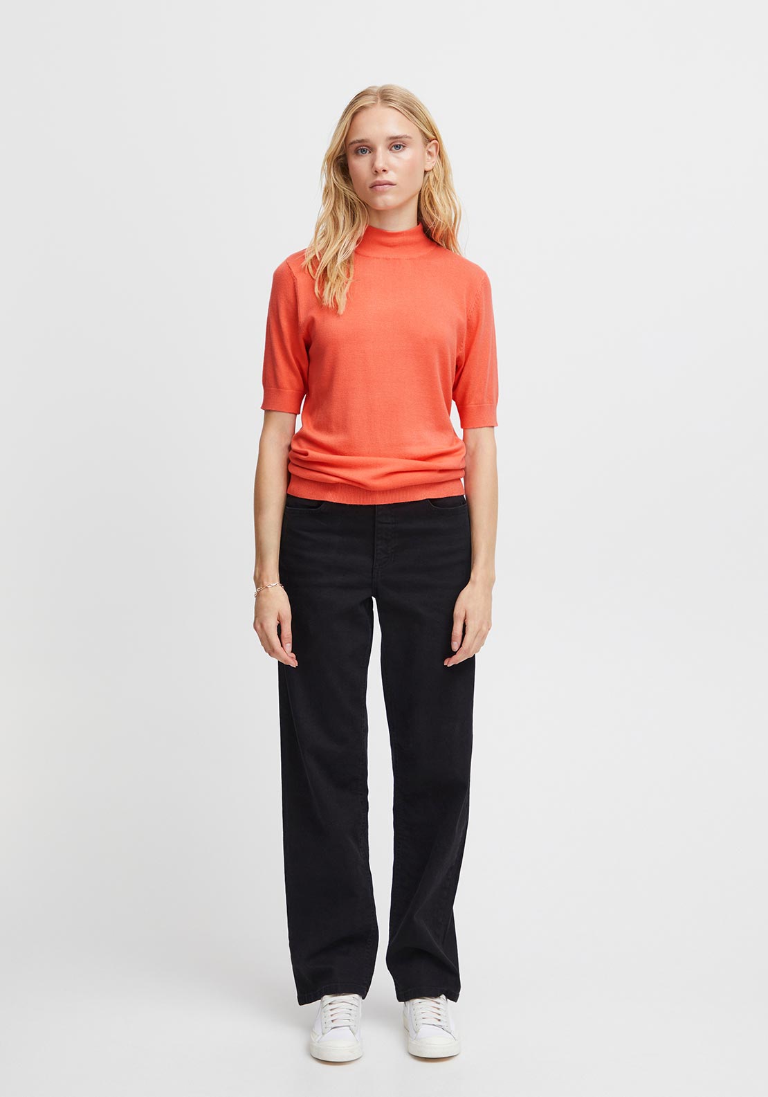 Ichi Mafa Short Sleeve Sweater, Hot Coral