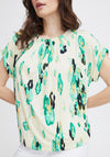 Fransa Seen Pleated Round Neck Print Top, Brook Green