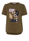 Fransa Savannah Round Neck Graphic T-Shirt, Dark Olive Mix
