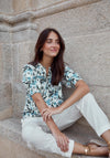 Fransa Maddie V-Neck Linen Blend Top, Hydrangea