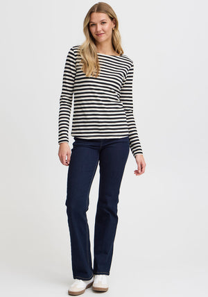 Fransa Mye Striped Top, Black and Cream