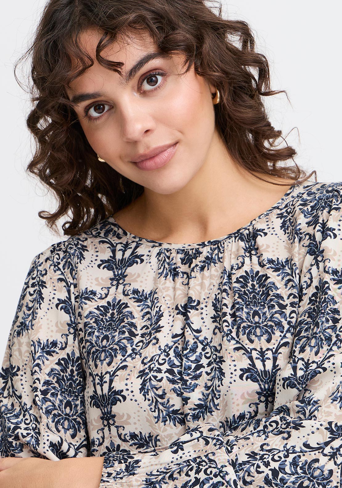 Fransa Flowy Printed Bubble Hem Blouse, Navy
