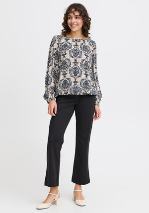 Fransa Flowy Printed Bubble Hem Blouse, Navy