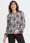 Fransa Flowy Printed Bubble Hem Blouse, Navy