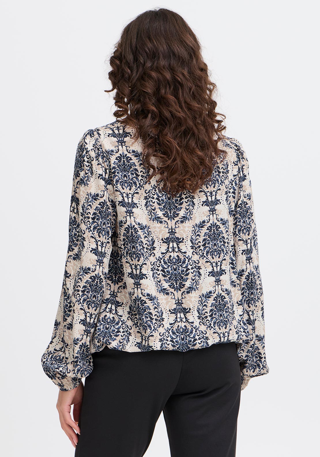 Fransa Flowy Printed Bubble Hem Blouse, Navy