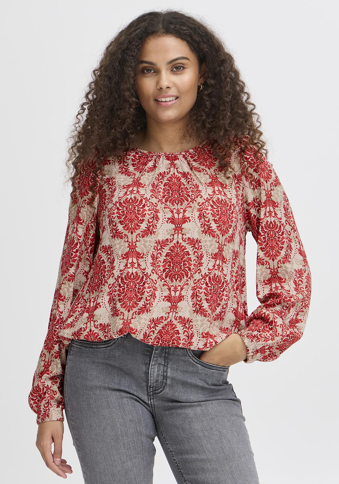 Fransa Flowy Printed Bubble Hem Blouse, Red