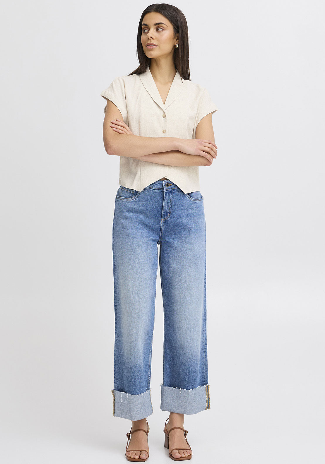Fransa Tel Linen Blend Short Shirt, Beige