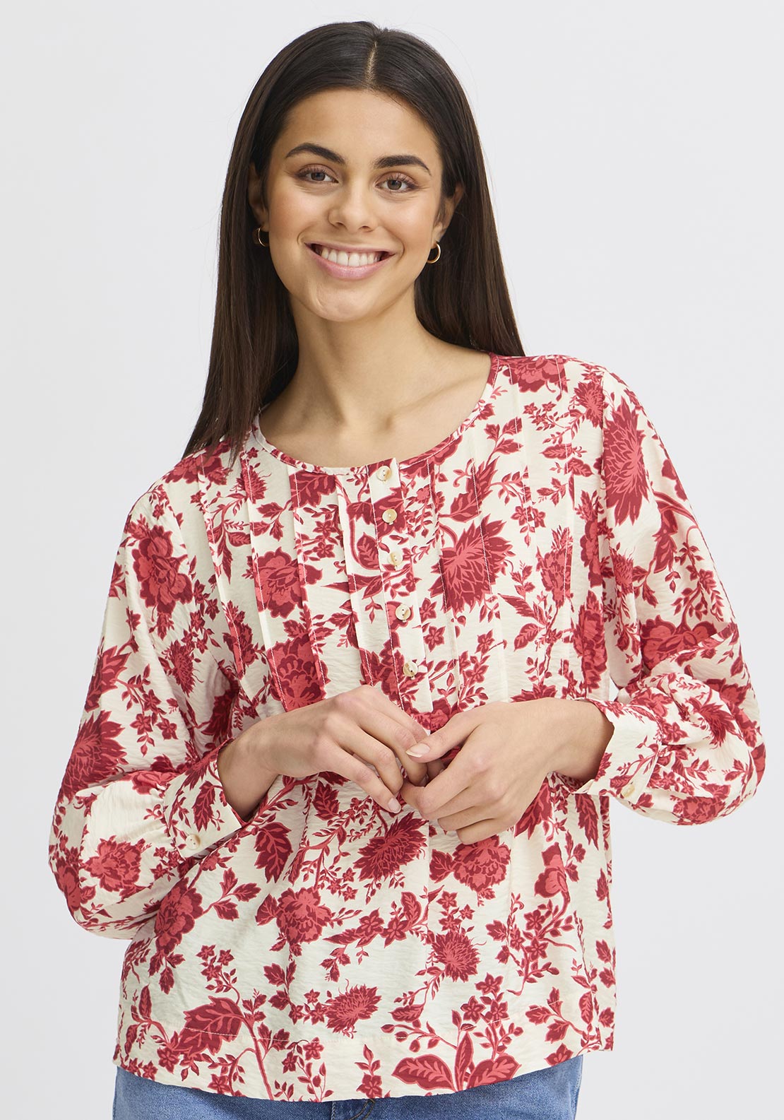 Fransa Hita Pleated Floral Blouse, Pink
