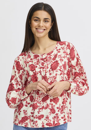 Fransa Hita Pleated Floral Blouse, Pink