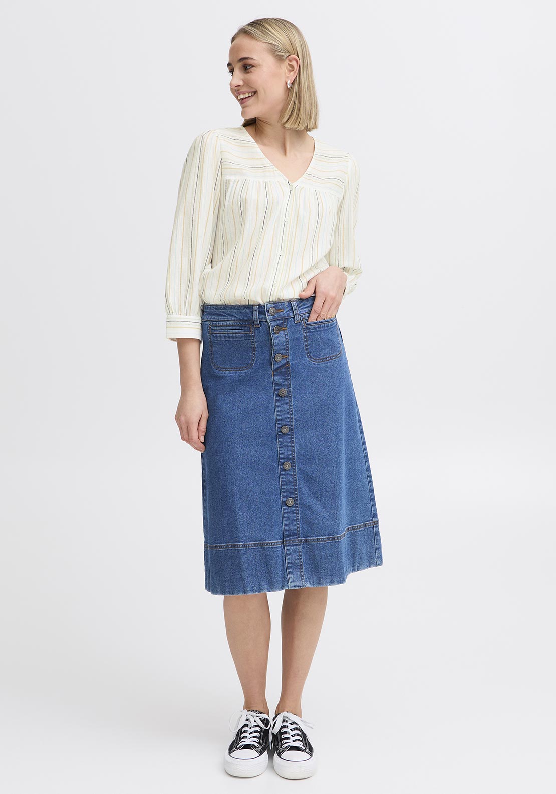 Fransa Nadi Striped Tunic Top, White Multi