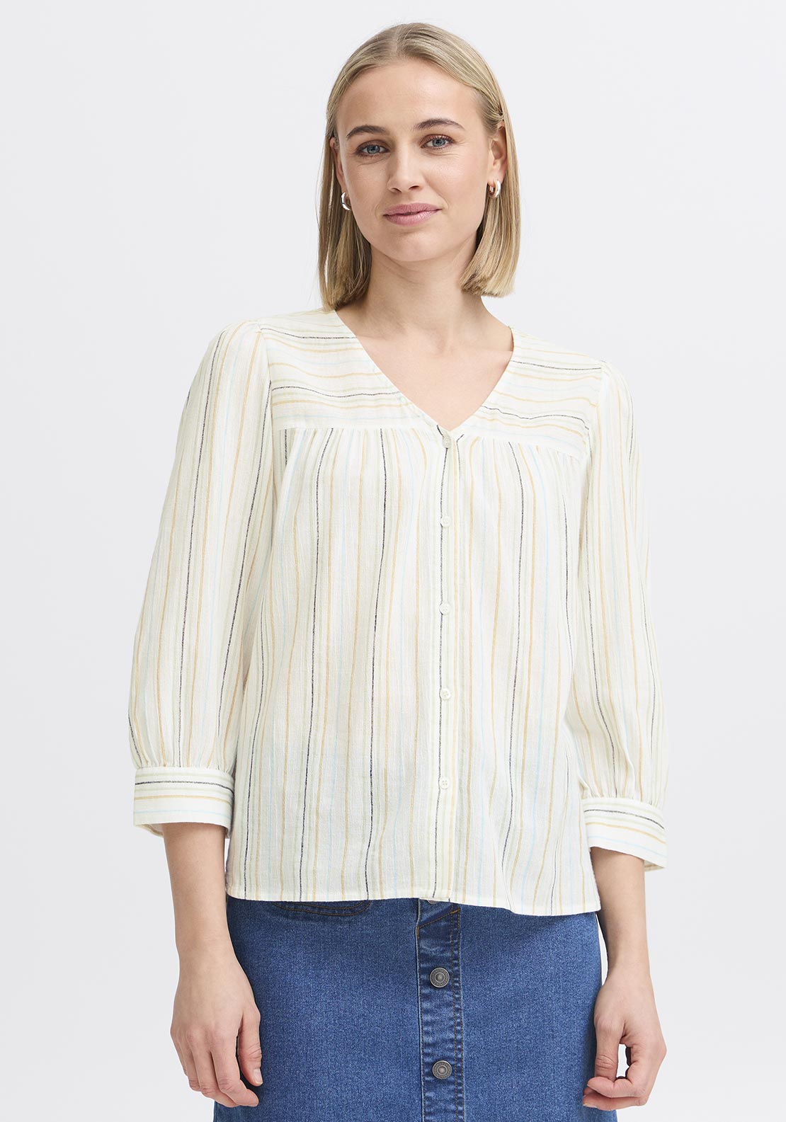 Fransa Nadi Striped Tunic Top, White Multi