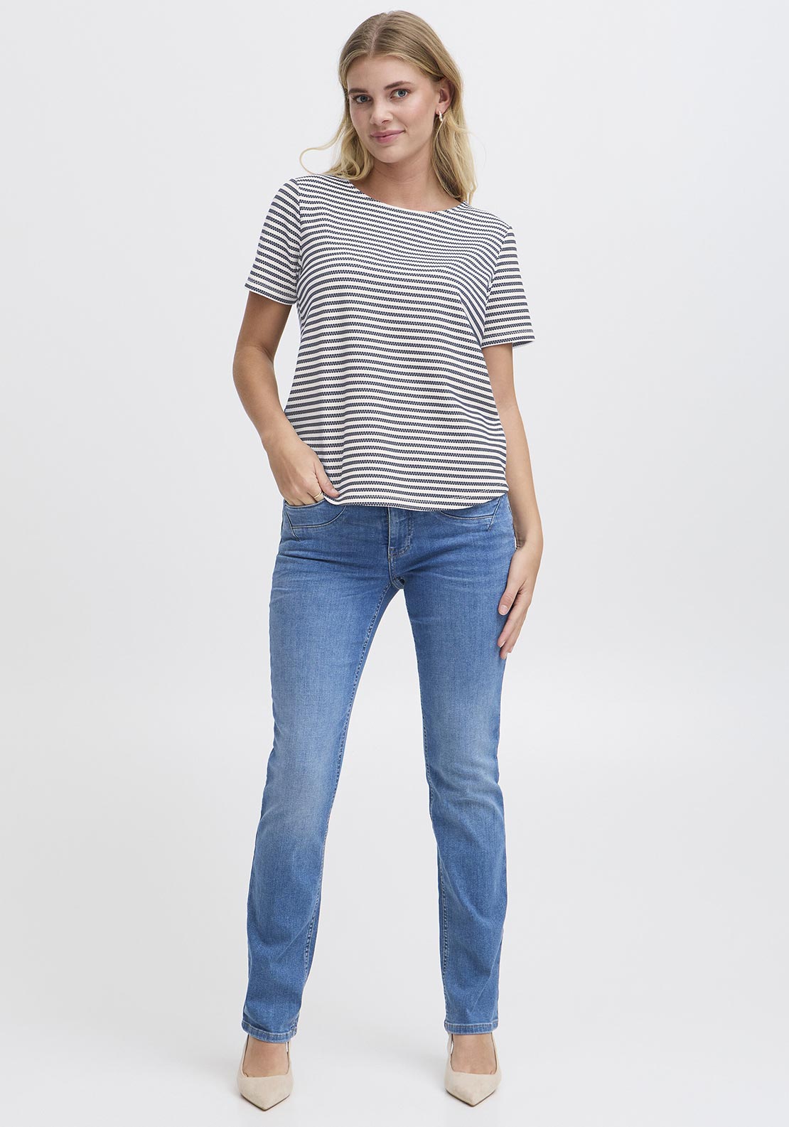 Fransa Josie Textured Striped T Shirt, Navy and White