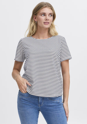 Fransa Josie Textured Striped T Shirt, Navy and White