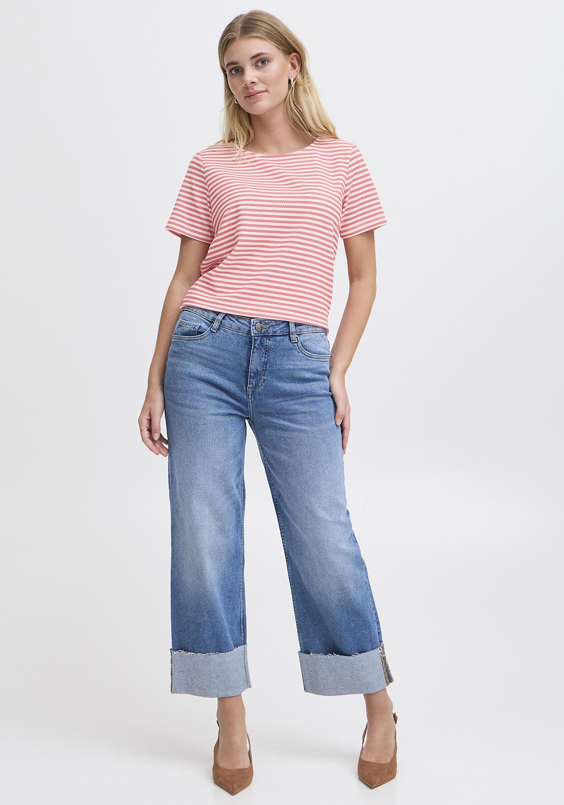 Fransa Josie Textured Striped T Shirt, Red and White