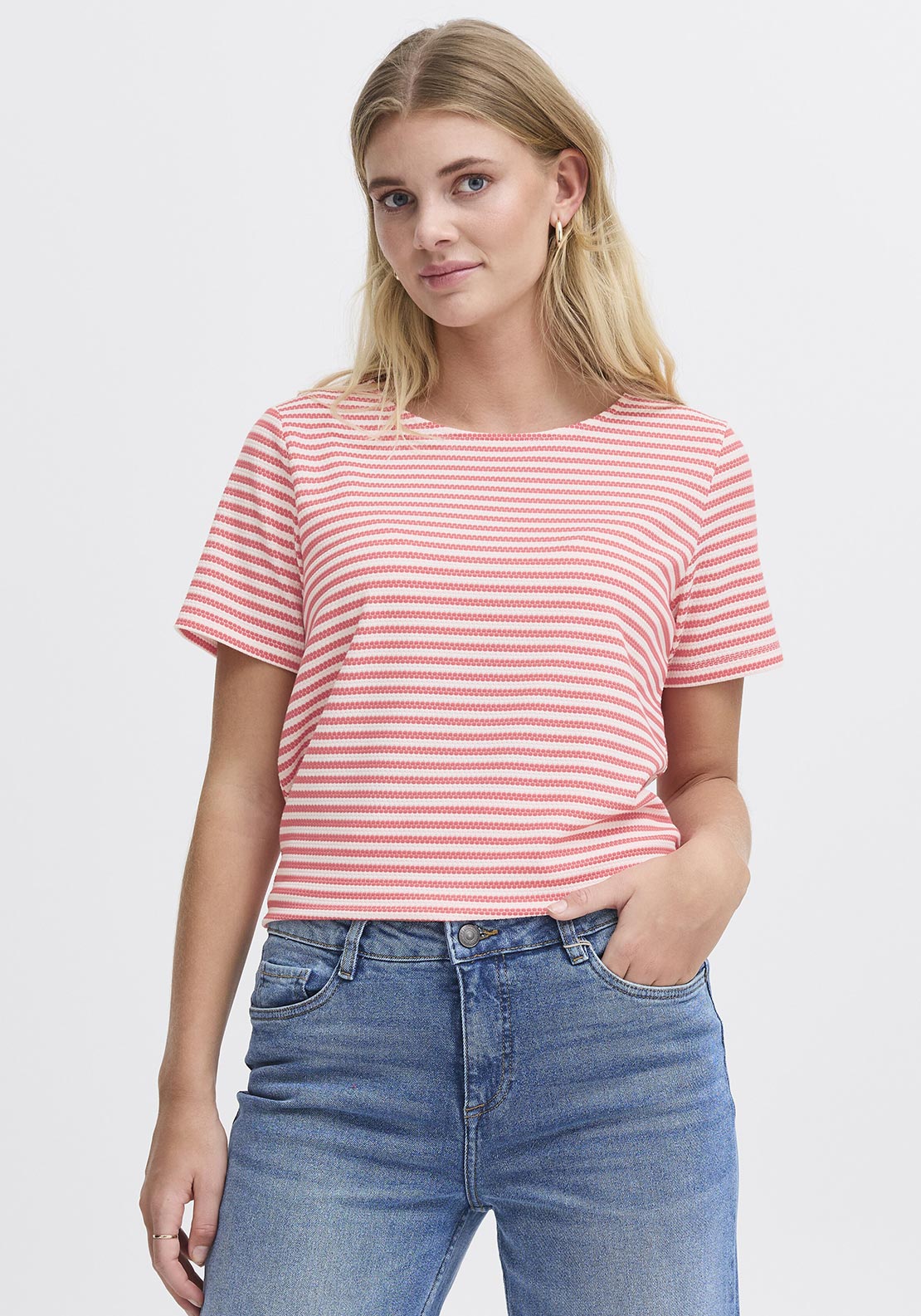 Fransa Josie Textured Striped T Shirt, Red and White