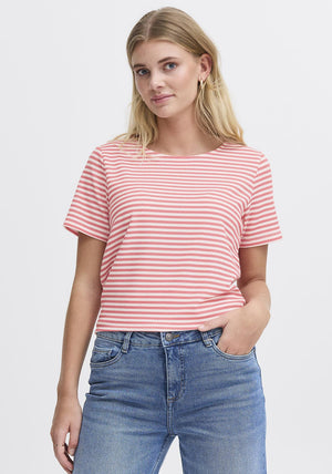 Fransa Josie Textured Striped T Shirt, Red and White