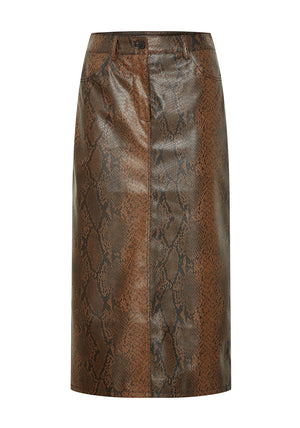 b.young Elloni Snakeskin Faux Leather Midi Skirt, Brown