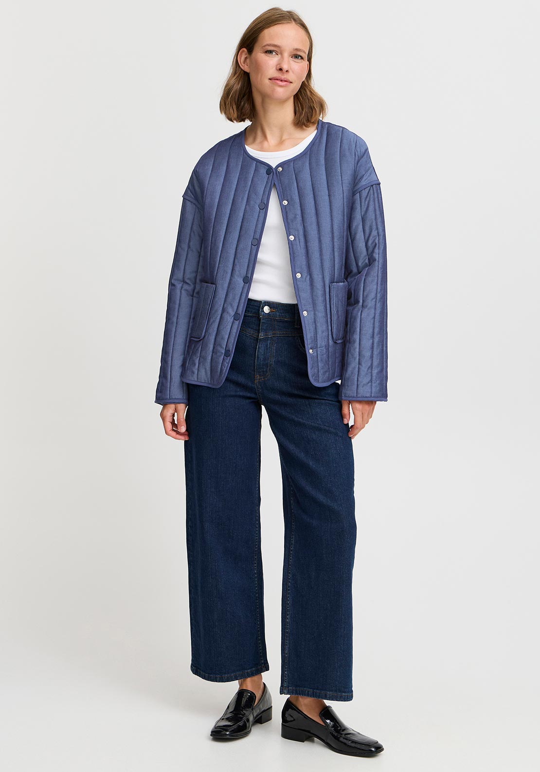 b.young Deluks Denim Effect Quilted Jacket, Mid Blue