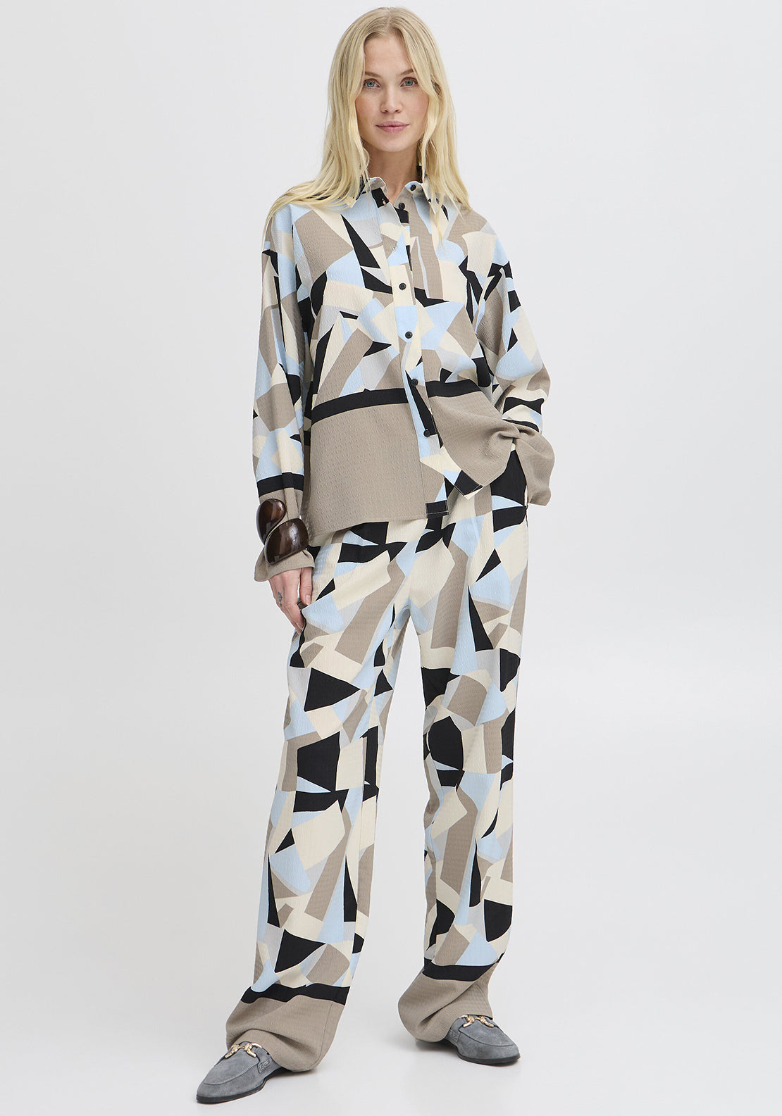 b.young Favia Geometric Print Shirt, Blue Multi