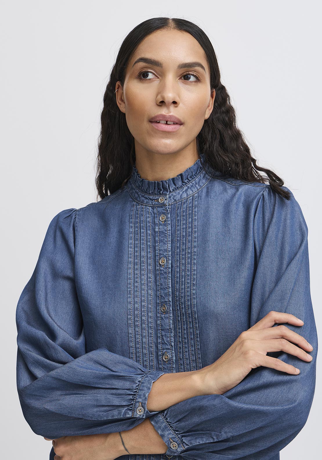 b.young Kosmo Frill Denim Shirt, Blue