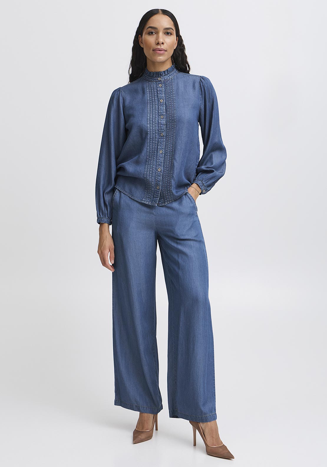 b.young Kosmo Frill Denim Shirt, Blue