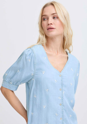 B.Young Floral Embroidered V Neck Blouse, Blue