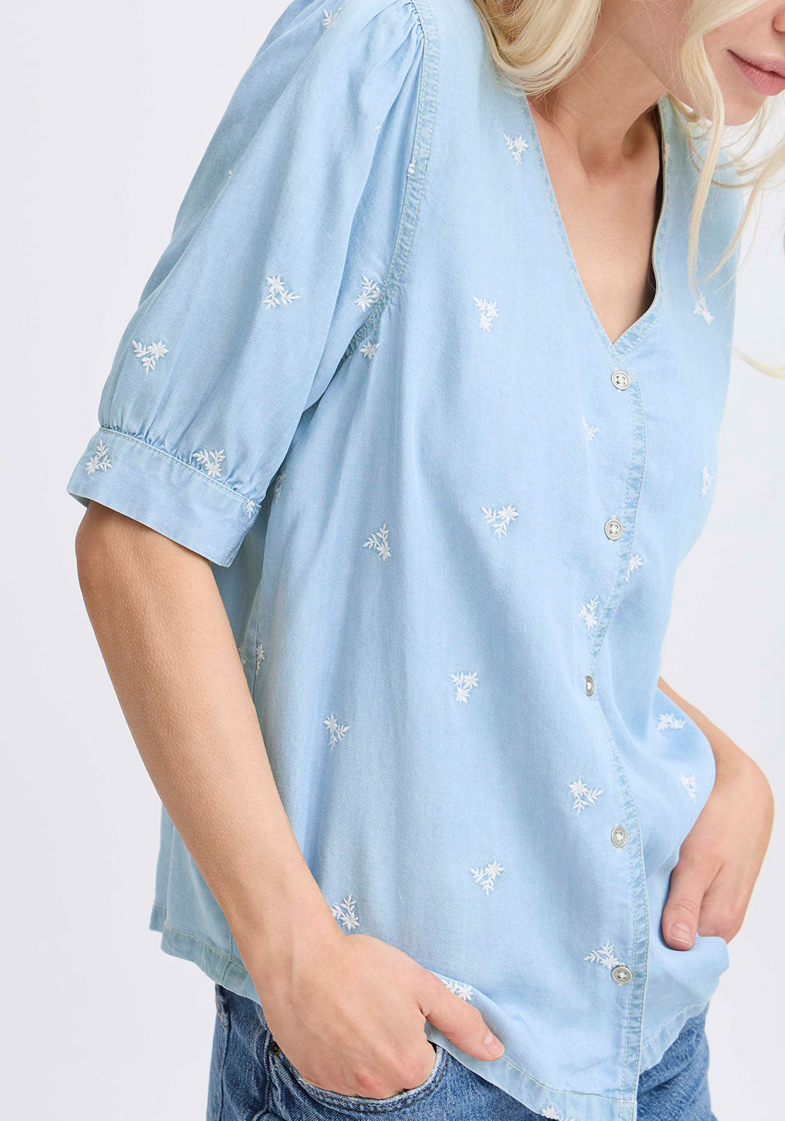 B.Young Floral Embroidered V Neck Blouse, Blue