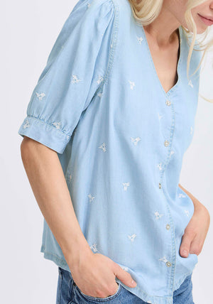 B.Young Floral Embroidered V Neck Blouse, Blue