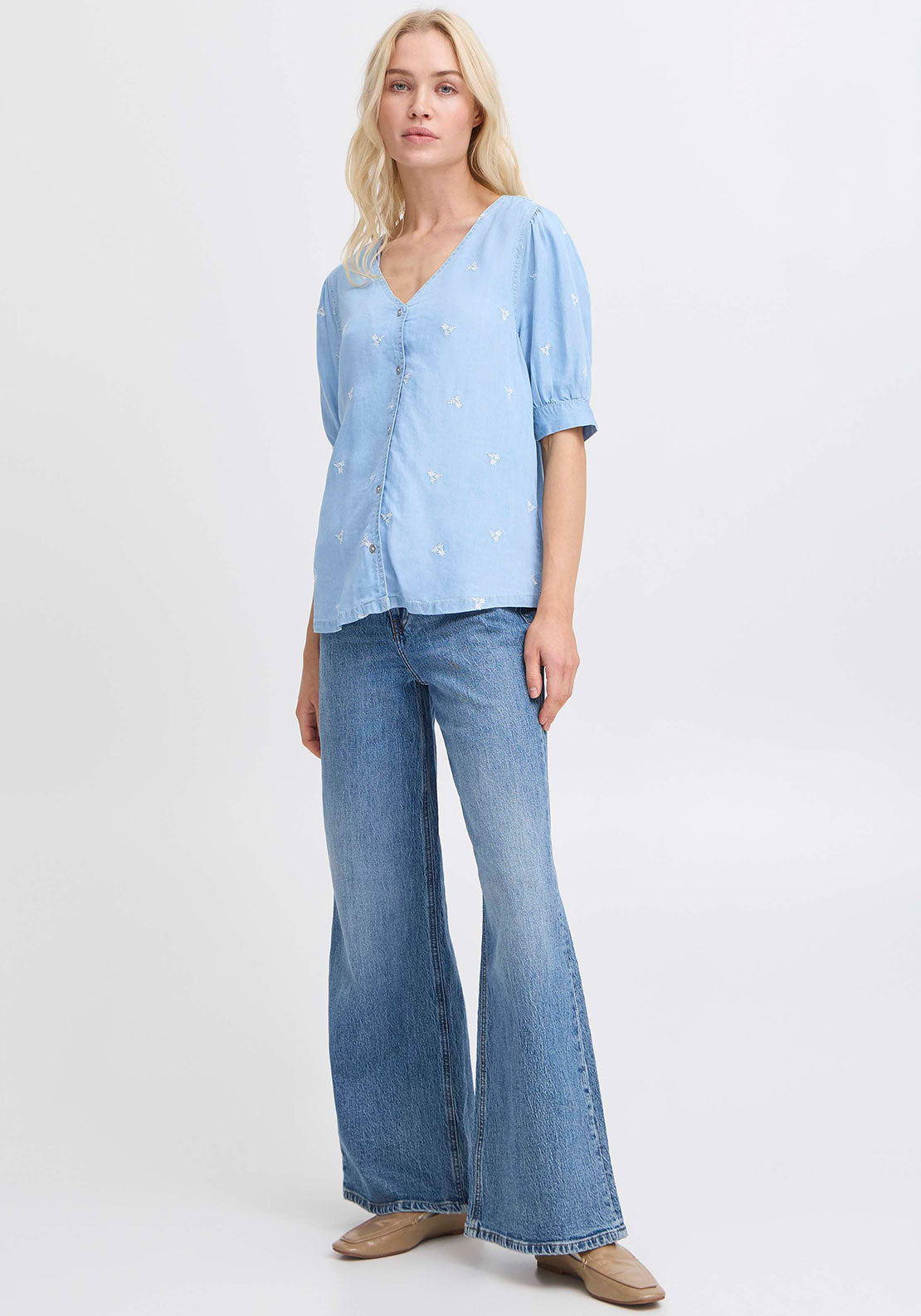 B.Young Floral Embroidered V Neck Blouse, Blue
