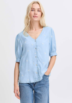 B.Young Floral Embroidered V Neck Blouse, Blue