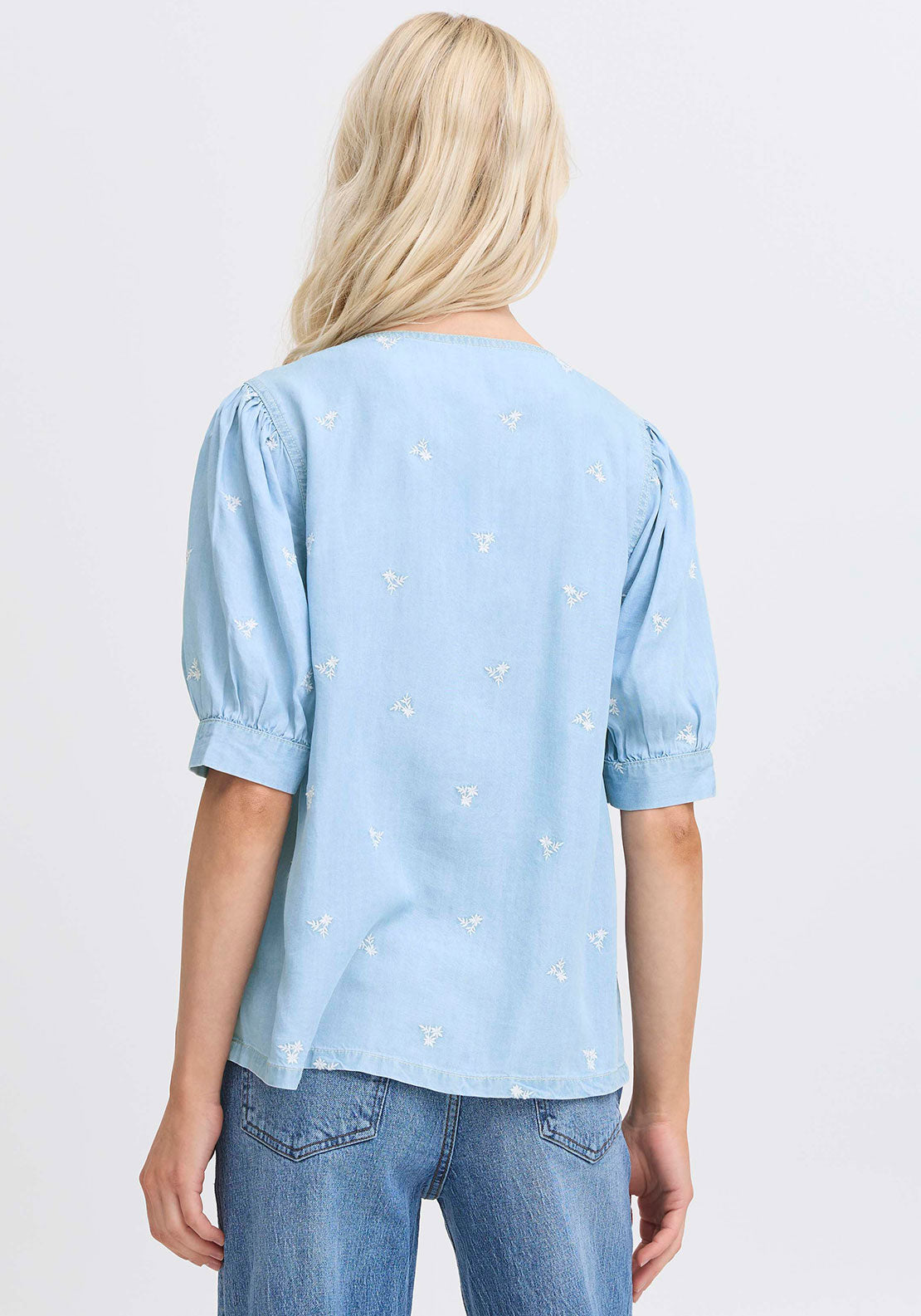 B.Young Floral Embroidered V Neck Blouse, Blue