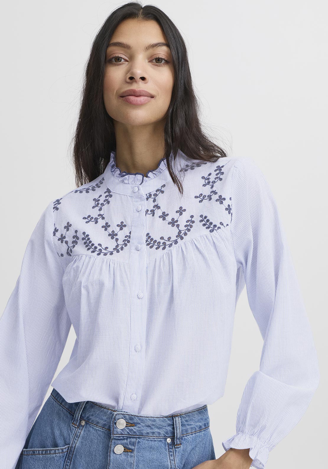 b.young Imogen Embroidered Striped Blouse, Blue