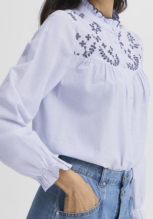 b.young Imogen Embroidered Striped Blouse, Blue