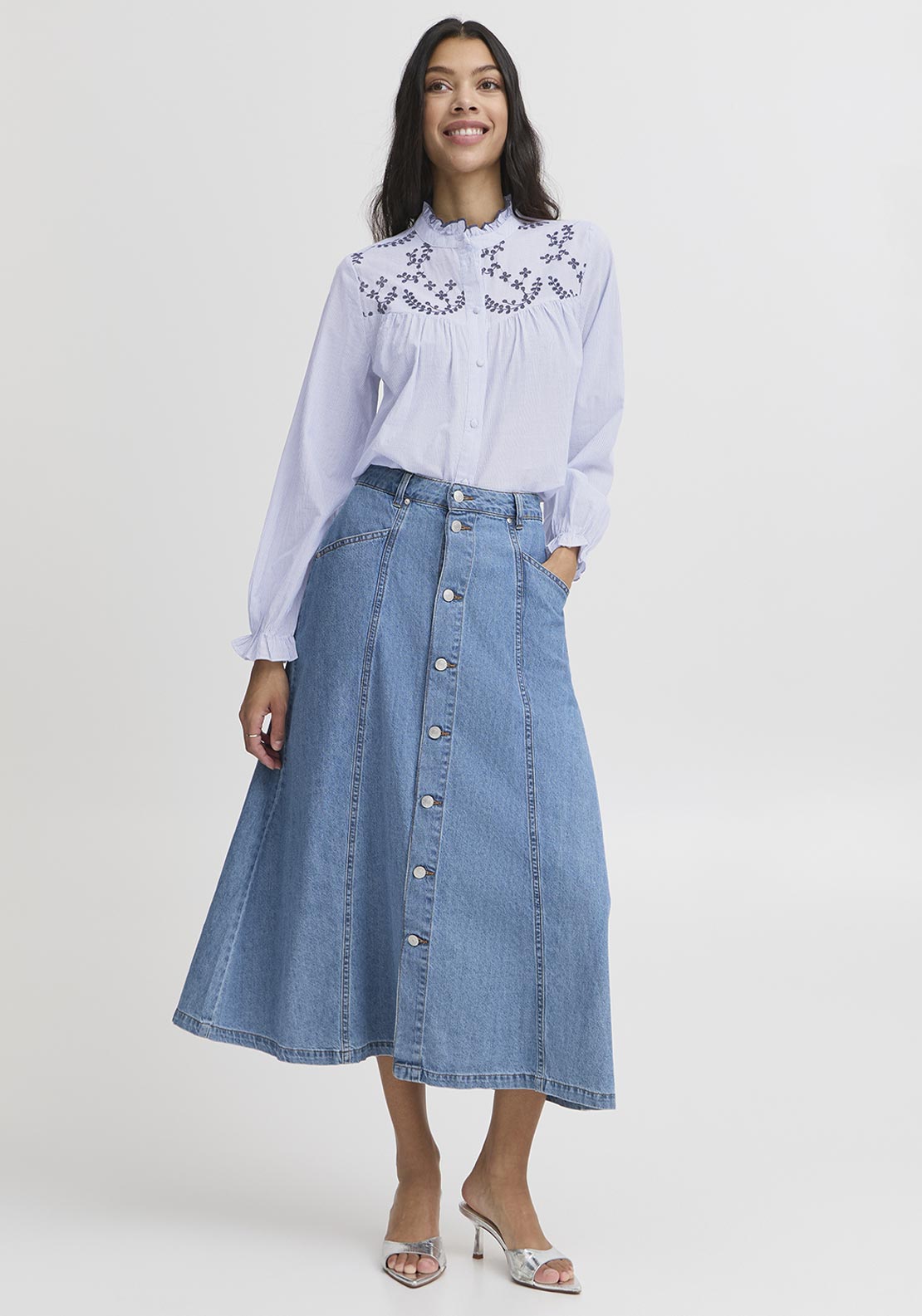 b.young Imogen Embroidered Striped Blouse, Blue