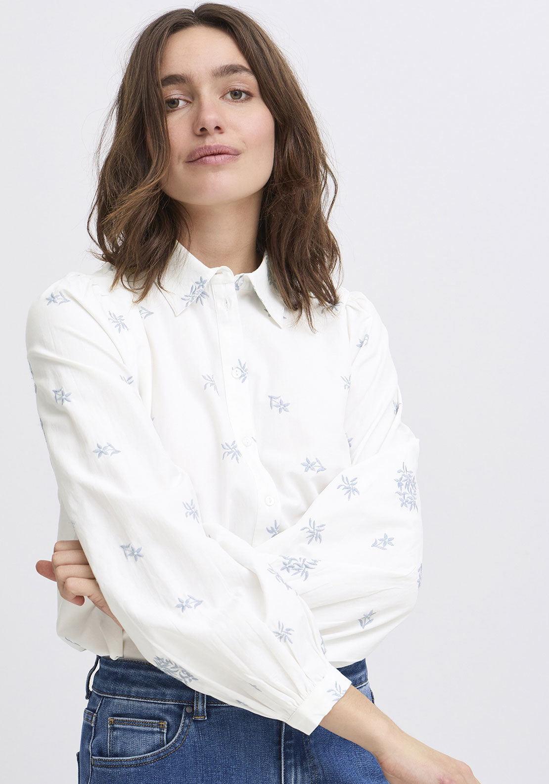 B.Young Flower Embroidered Shirt, White
