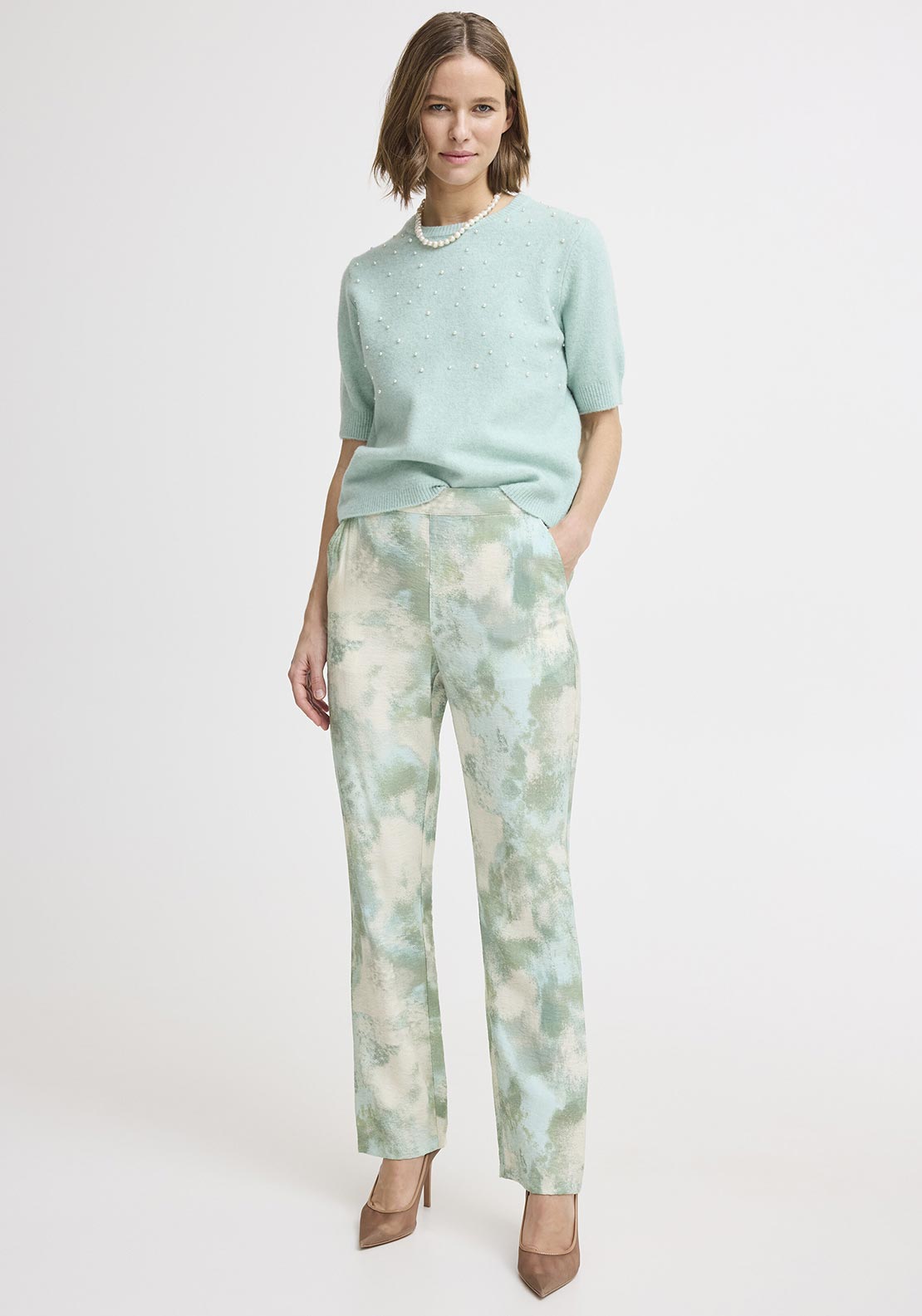 b.young Ibine Watercolour Print Straight Leg Trousers, Green