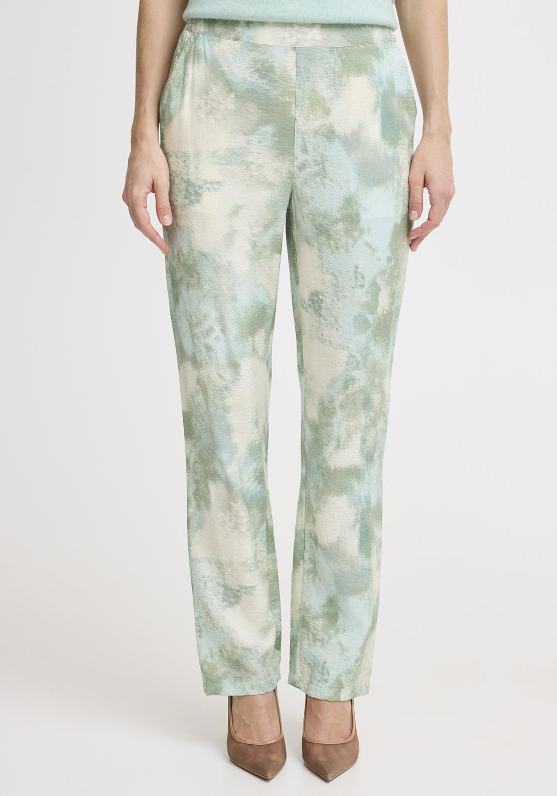 b.young Ibine Watercolour Print Straight Leg Trousers, Green