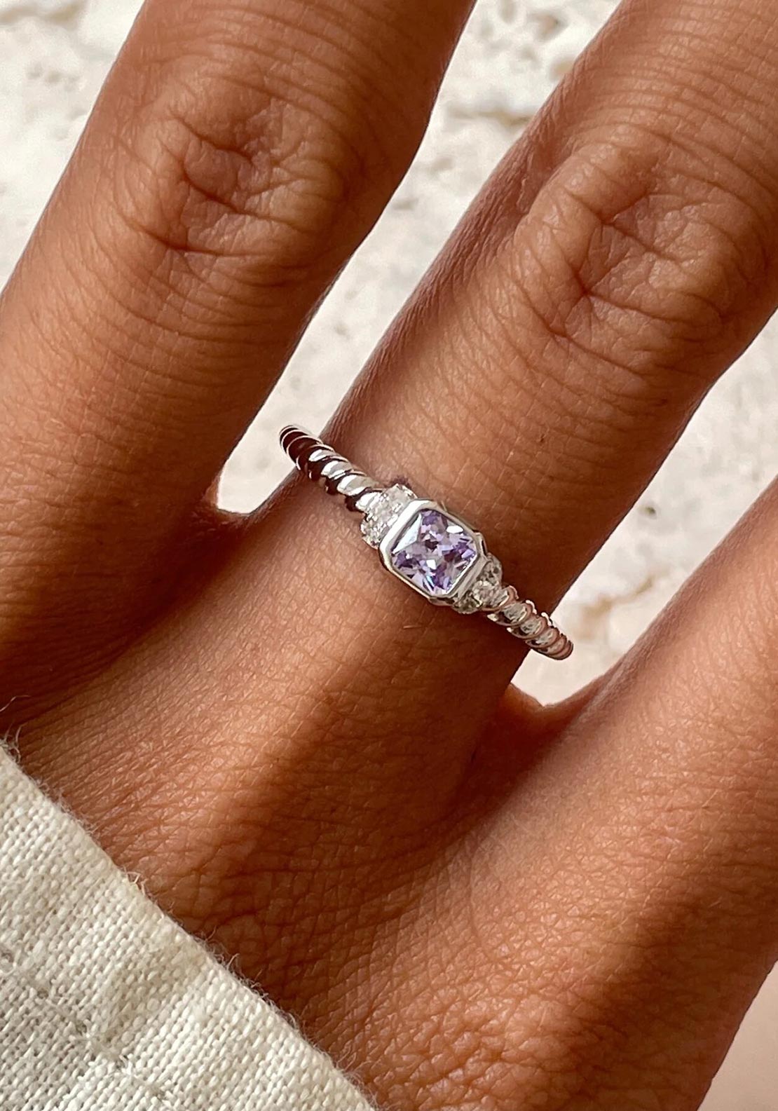 24Kae Rope Detail Solitaire CZ Ring, Silver