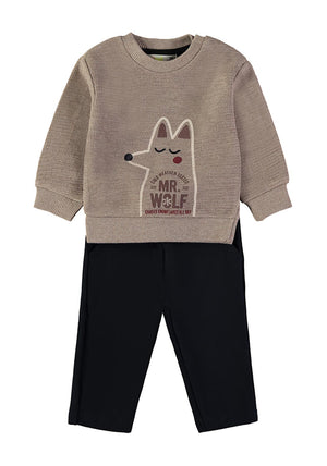 Babybol Baby Boy Mr Wolf Jumper and Trouser Set, Beige