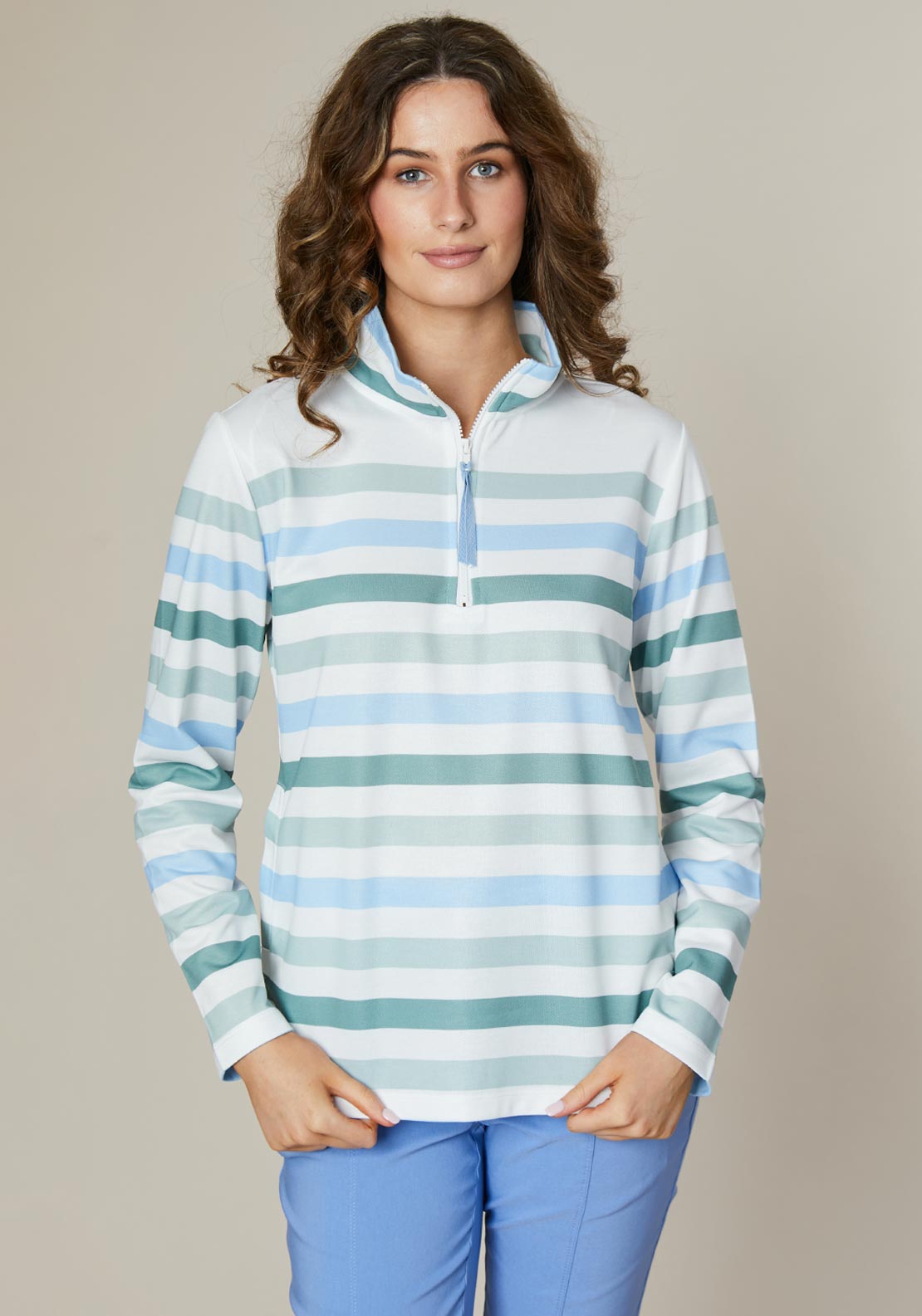 Jessica Graaf Striped Quarter Zip Sweatshirt, Blue and Green