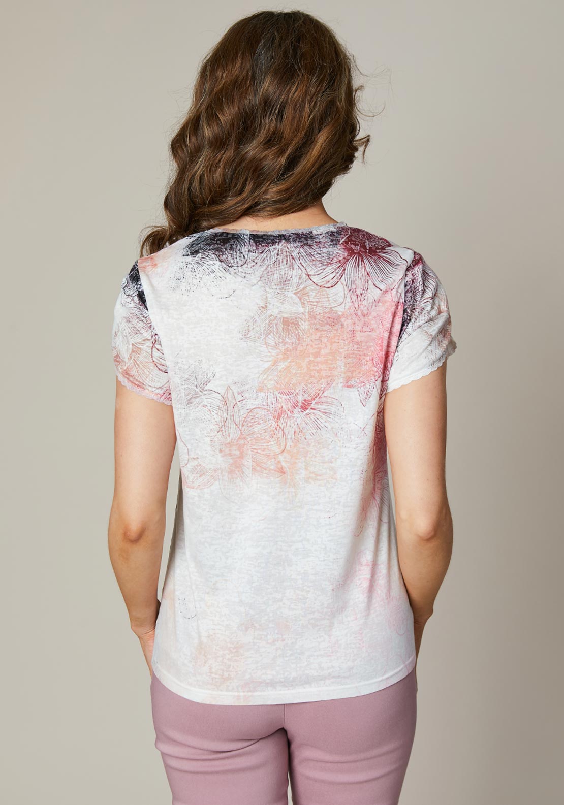 Jessica Graaf Floral Print Scallop Trim T Shirt, Pink Multi
