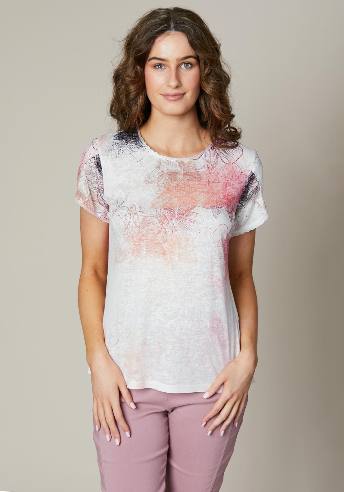 Jessica Graaf Floral Print Scallop Trim T Shirt, Pink Multi